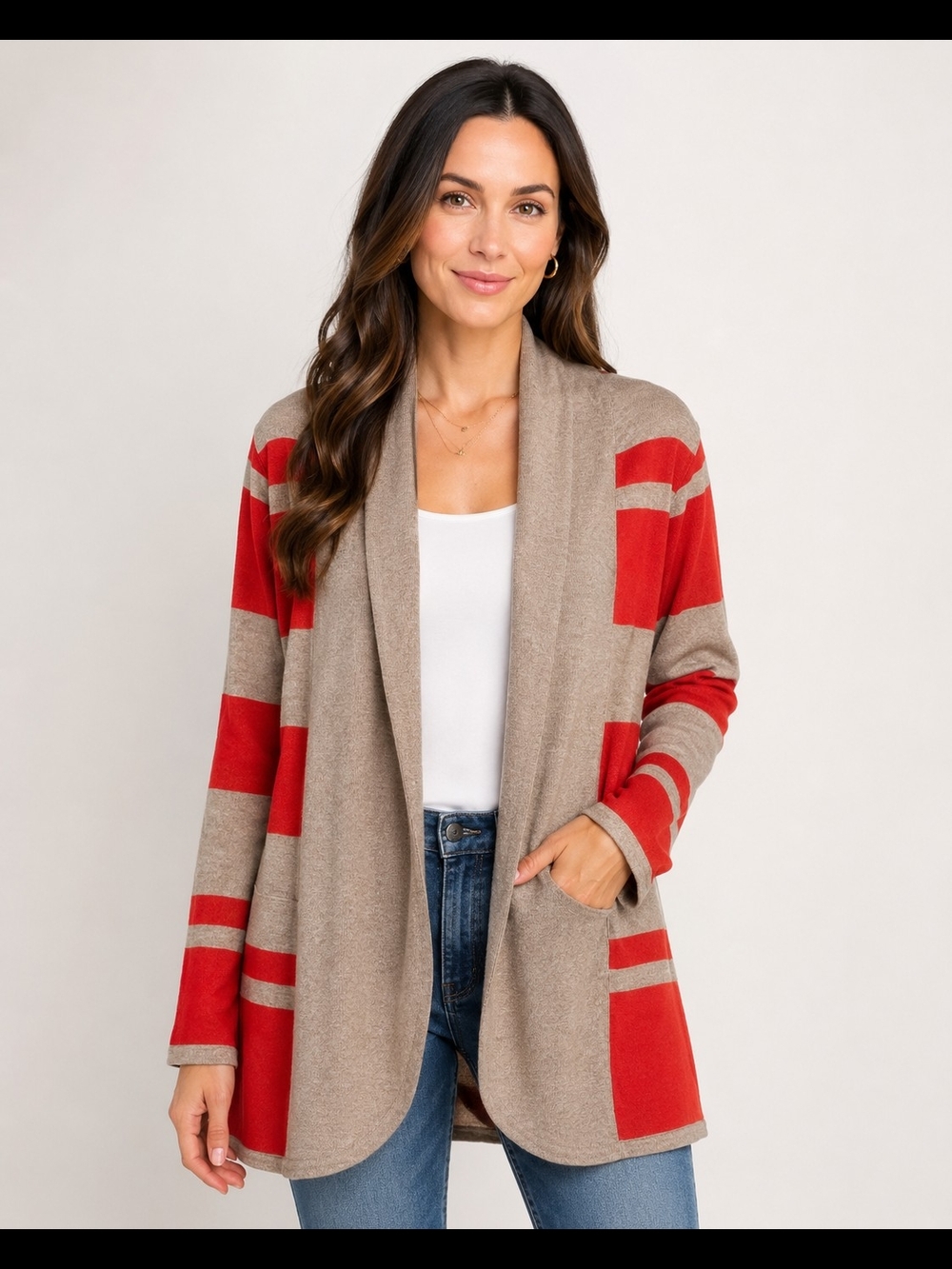 RED Women's Medium Striped Open Front Cardigan Sweater Rayon Nylon NWOT